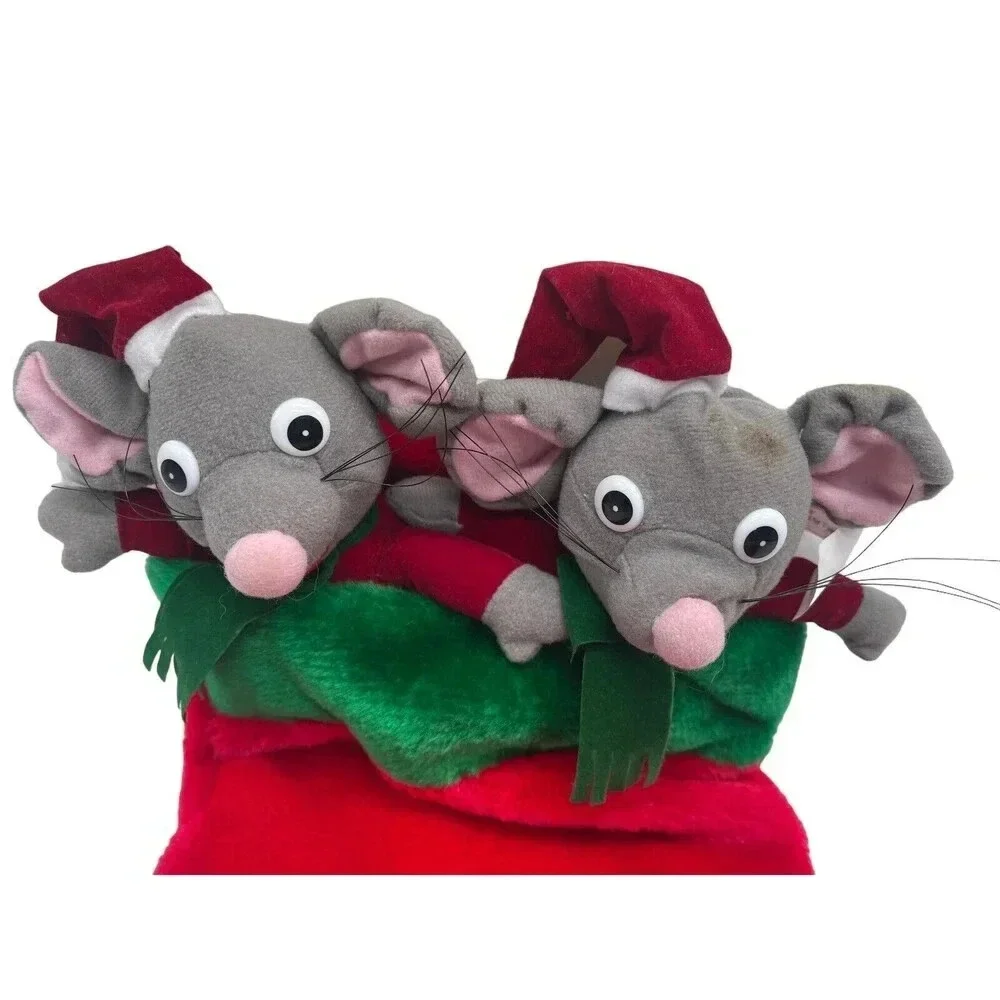 Vintage 80s 90s Plush Twin Mice Christmas Stocking Mouse Holiday
